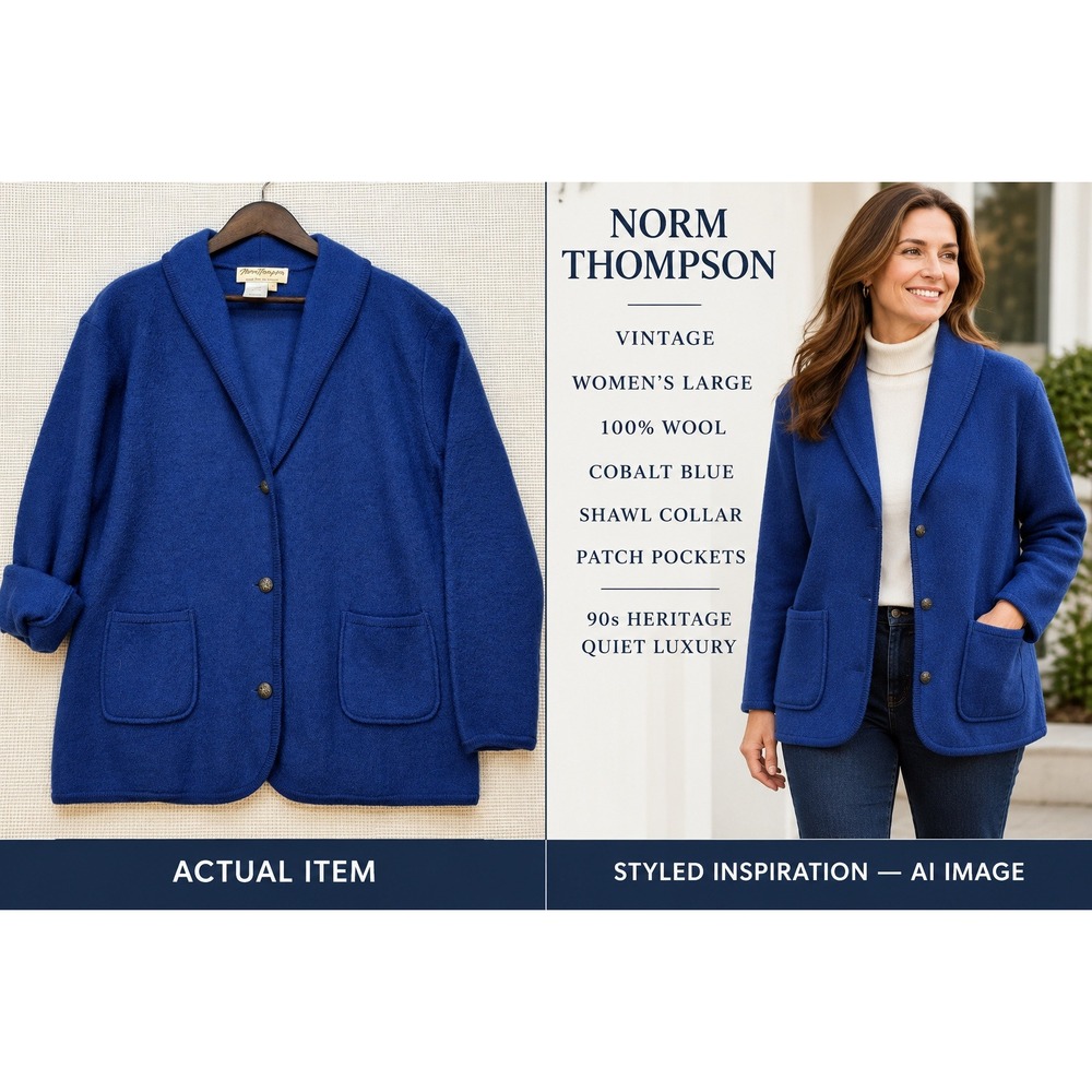 VTG Norm Thompson Blue 100% Wool Cardigan Sweater Shawl Collar (L) Cottagecore
